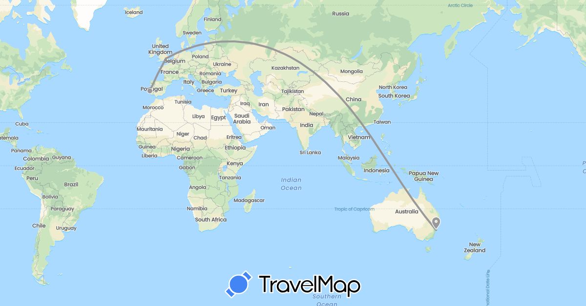 TravelMap itinerary: driving, plane in Australia, United Kingdom, Portugal (Europe, Oceania)